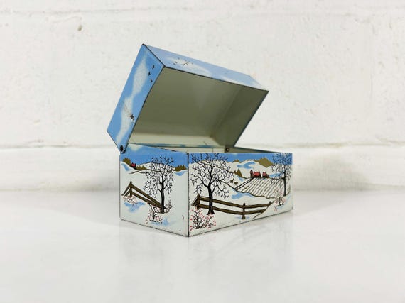 Vintage Recipe Box Metal Christmas Card List Syndicate Mfg. Phoenixville PA, Hinged Top Mid Century Winter Snow Scene Holidays 1960s 1950s