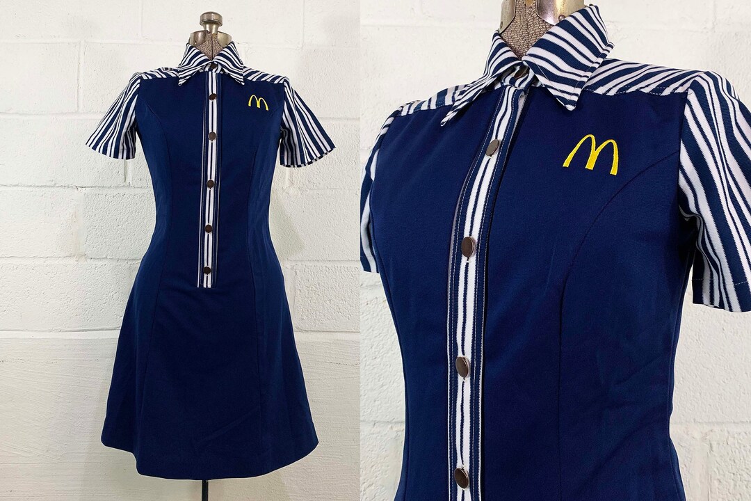 Vintage Mcdonalds Uniform Dress 1976 Crest 1970s Navy Blue White Fast
