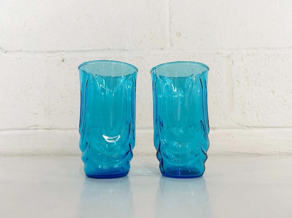 Vintage Colonial Tulip Glasses Set of 2 Anchor Hocking Glass Laser Blue Aqua Turquoise Highball Glasses 1960s 60s Tumblers Barware Cocktail