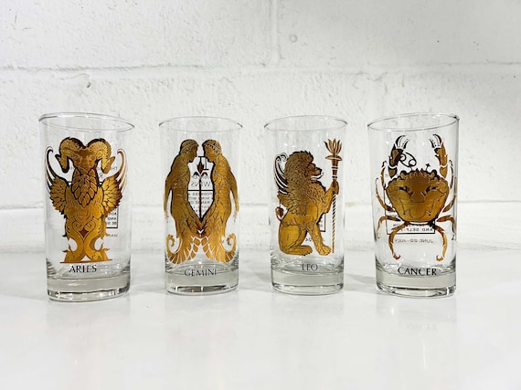 Vintage Zodiac Glass Astrology Anchor Hocking Black Gold Horoscope Highball 1950s MCM - Aries, Gemini, Leo, Cancer - Sold Individually