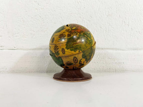 Vintage Globe Bank Mid Century Ohio Art Tin Lithograph Metal Old World Map Mantique Baby Kids Room Decor Nursery 1950s Metal Tin Piggy