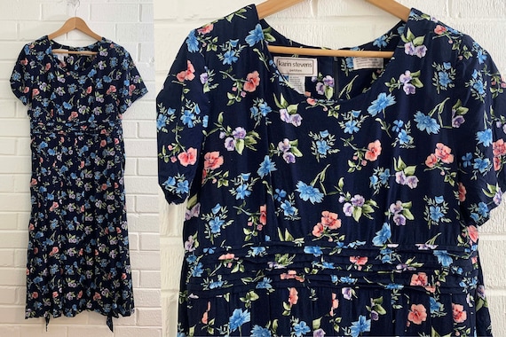 Vintage Navy Floral Tie Waist Dress 80s Fit & Flar