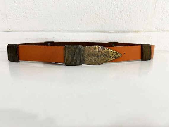 Vintage Funky Leather Belt Western Southwest Cowgirl Rockabilly Country Omega Gold Brass Buckle Small 1980s 1970s