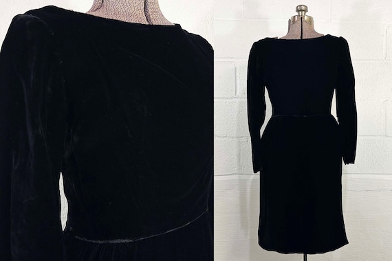 Vintage Black Velvet Dress Mod 1960s 60s Bracelet Long Sleeve Boho Party Cocktail Goth Vamp New Year's Eve Holiday Small XS