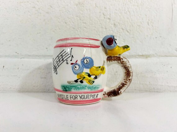 Vintage Children’s Cup Whistle for your Milk Howard Holt Bird Kid's Room Nursery Ceramic Mug Animal Coffee Tea Mid Century 1950s 50s