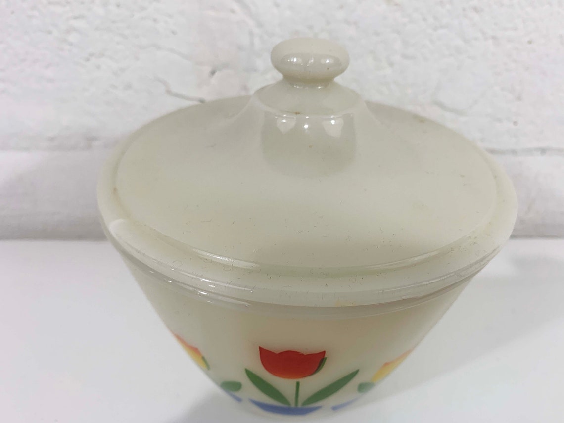 Vintage Tulip Fire King Grease Jar Milk Glass Lid Canister Etsy