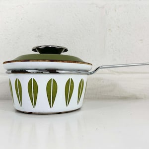 Vintage Cathrineholm Saucepan Enamel White Green Norway Scandinavian Pot 1960s