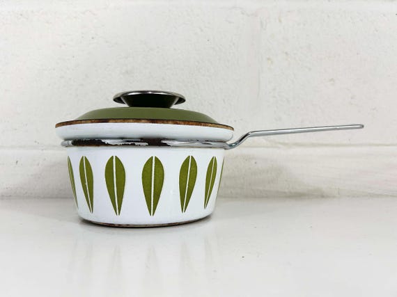 Vintage Cathrineholm Enamel White Green Saucepan Sauce Pan Norway Catherineholm Norwegian Scandinavian Covered Pot 1960s 1950s
