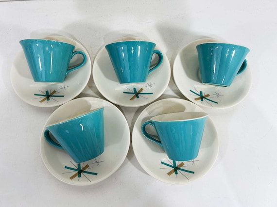 Vintage Salem North Star Set of 5 Small Cups & Saucers Hopscotch Mid Century Atomic Aqua Blue China MCM Mad Men 1950s