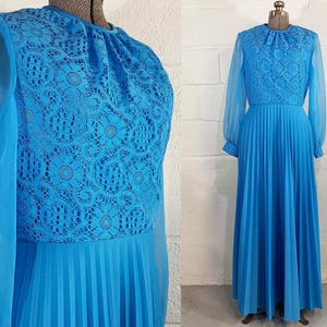 Vintage Mod Maxi Dress Blue Hostess Gown Prom Wedding Holiday Party Twiggy Megan Draper Sheer Long Sleeves Turquoise 1960s 60s Medium Large