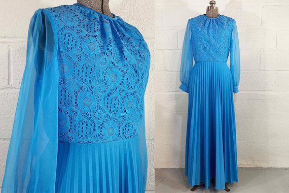 Vintage Mod Maxi Dress Blue Hostess Gown Prom Wedding Holiday Party Twiggy Megan Draper Sheer Long Sleeves Turquoise 1960s 60s Medium Large