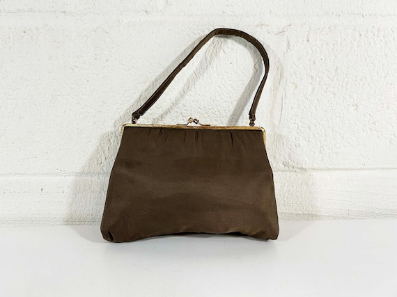 Vintage Brown Handbag Purse Retro Silk Fabric Pocketbook Evening Bag 1950s 1960s Kisslock Closure Mid-Century MM Morris Moskowitz Clasp