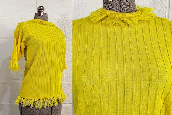 Vintage Sweater Yellow 3/4 Sleeve Knit Sunshine Mod Jumper 1970s 70s Ribbed Helen Sue Medium