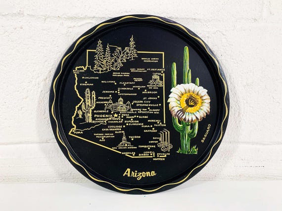Vintage Grand Canyon National Park Metal Arizona Drink Tray Plate State Souvenir Retro Mid-Century Barware Black Saguaro Cactus