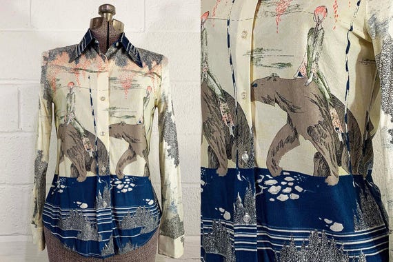 Vintage 1970s Novelty Print Bobbie Brooks Button Down Blouse Shirt Top Long Sleeve Mod Minx TV Movie Costume Bear Fantasy Print 70s Medium