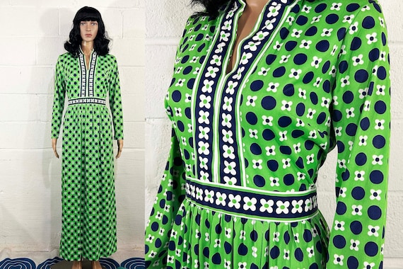Vintage Floral Maxi Dress Avalon Classics Long Sleeves Maxi Blue Green White Geometric Mod Hostess Gown 1960s 60s Dopamine 1970s 70s Medium