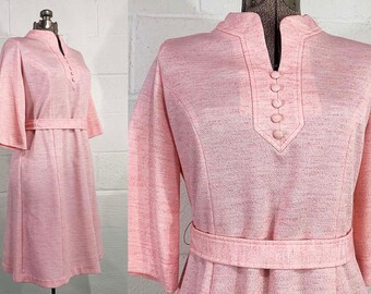 Vintage Pink Dress Mod 3/4 Bell Sleeve Marled Scooter Mid-Century Twiggy Textured Rose Valley of the Dolls 60s 1960s XL Large