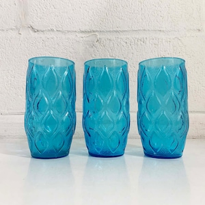 Vintage Aqua Blue Glasses Teal Water Glass Mid-Century Glassware Set of 3 Dopamine Anchor Hocking Diamond Madrid Pattern 1970s 70s image 1