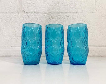 Vintage Aqua Blue Glasses Teal Water Glass Mid-Century Glassware Set of 3 Dopamine Anchor Hocking Diamond Madrid Pattern 1970s 70s