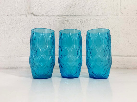 Vintage Aqua Blue Glasses Teal Water Glass Mid-Century Glassware Set of 3 Dopamine Anchor Hocking Diamond Madrid Pattern 1970s 70s