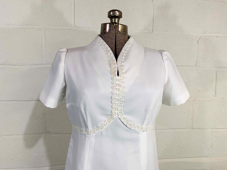 Vintage White Maxi Waist Dress 60s Mod Non-Traditional Wedding Short Sleeve Gown 1960s Mid-Century Bridesmaid Sequin V Neck Fashion Medium image 3