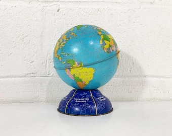Vintage Globe Bank Zodiac Calendar Ohio Art Tin Lithograph Metal World Map 1950s