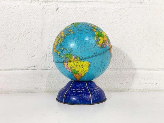Mid Century Ohio Art Tin Lithograph Giant Globe Bank Zodiac Calendar Metal World Map Mantique Baby Kids Room Decor Vintage 1950s 1960s
