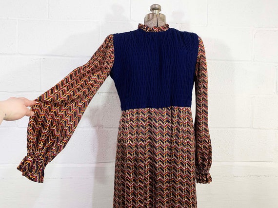 Vintage 70s Maxi Dress Navy Blue Long Poet Sleeve… - image 2