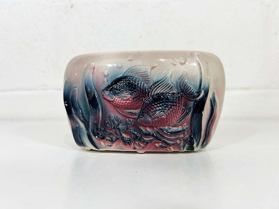 Vintage Royal Copley Goldfish Planter Ceramic Succulent Oval Pot Pink Blue Raised Design Housewarming Hostess Gardener 1950s