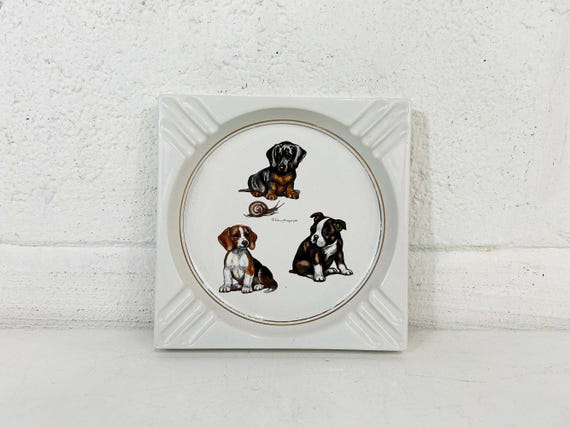 Vintage Dog Ashtray Signed Edwin Megargee Mid-Century MCM Dachshund Beagle Bulldog Puppies Change Dish Gift 1950s