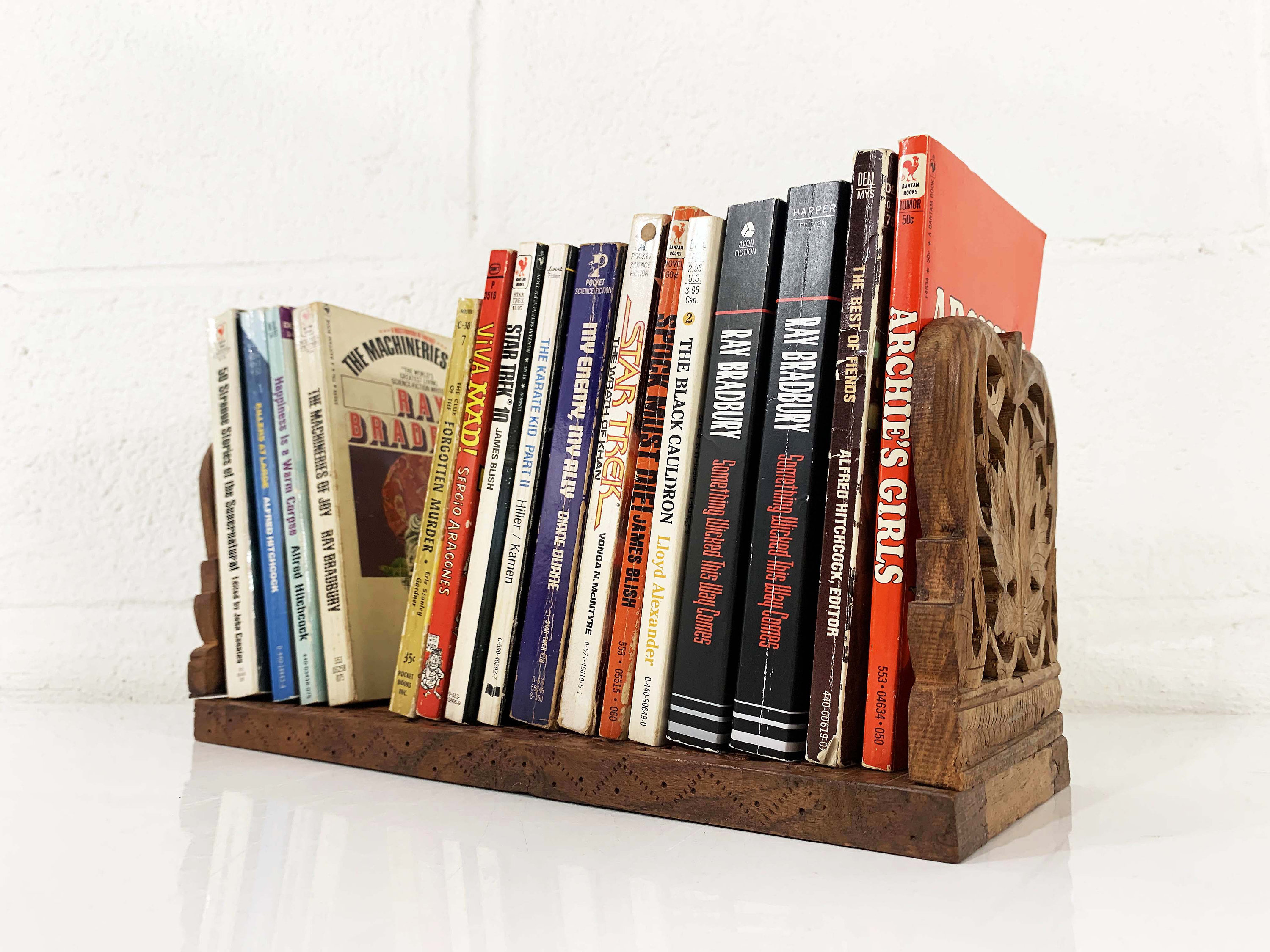 Vintage Wooden Bookends Floral Carved MidCentury Boho Wood Bookshelf