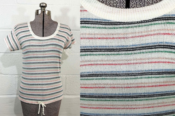 Vintage Short Sleeve Sweater White Rainbow 70s Striped Short Sleeves Scotch English Stripes Sparkles 1970s Small XS