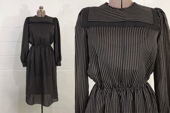 Vintage Pinstripe Dress Sheer Large Collar Black Brown Striped Long Sleeves Polka Dot 1980s 80s Large Medium