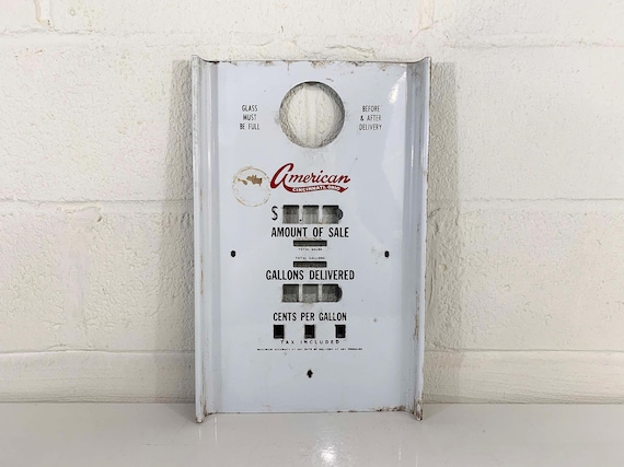Vintage Enamel Gas Pump Face Plate Front Sign Red White Black Mid-Century 1950s 50s Retro Prop Typography Display Bar Man Cave Antique