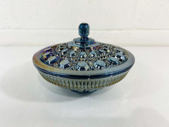 Vintage Glass Covered Candy Dish Stasher Lidded Box Trinket Vanity Federal Windsor Button & Cane Iridescent Blue Carnival Mid Century 1970s