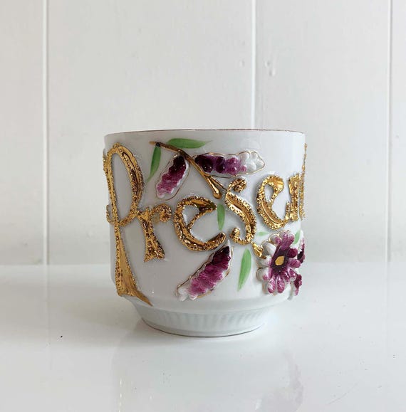 Vintage Lustreware Porcelain Cup Present Mug German Germany Victorian Mustache Shaving Glazed Art Nouveau Pearlescent Gold Hand Painted