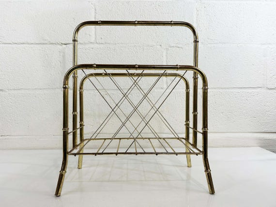 Vintage Gold Metal Magazine Rack Mid Century Bamboo Basket Holder 1960s