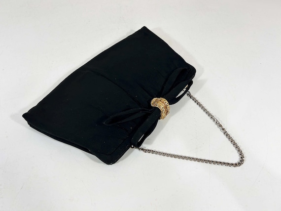 Vintage Black Handbag Purse Fabric Evening Bag 1950s 1960s Kisslock Mid-Century After Five Satin Clutch Lowy & Mund