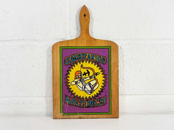 Vintage Sagittarius Cutting Board 1970s  Astrology Zodiac Kitchen Wall Decor Psychedelic Charcuterie