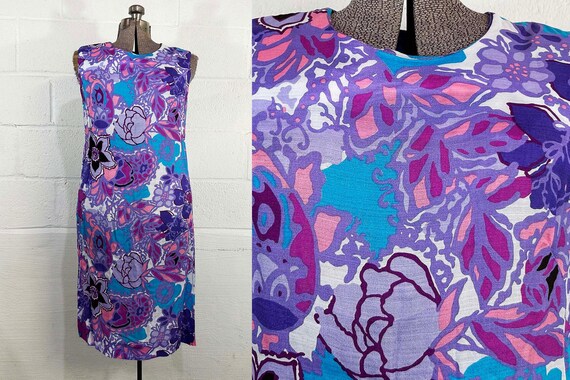Vintage Floral Dress Blue Purple Violet Party Sleeveless Watercolor 1970s 1960s Aesthetic Mad Men Betty Draper Wedding Bridesmaid Large