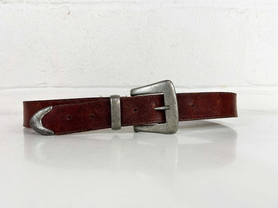 Vintage Leather Belt Western Southwest Cowgirl Rockabilly Country Southwestern USA Made Omega Silver Metal Buckle Small 1990s 1980s