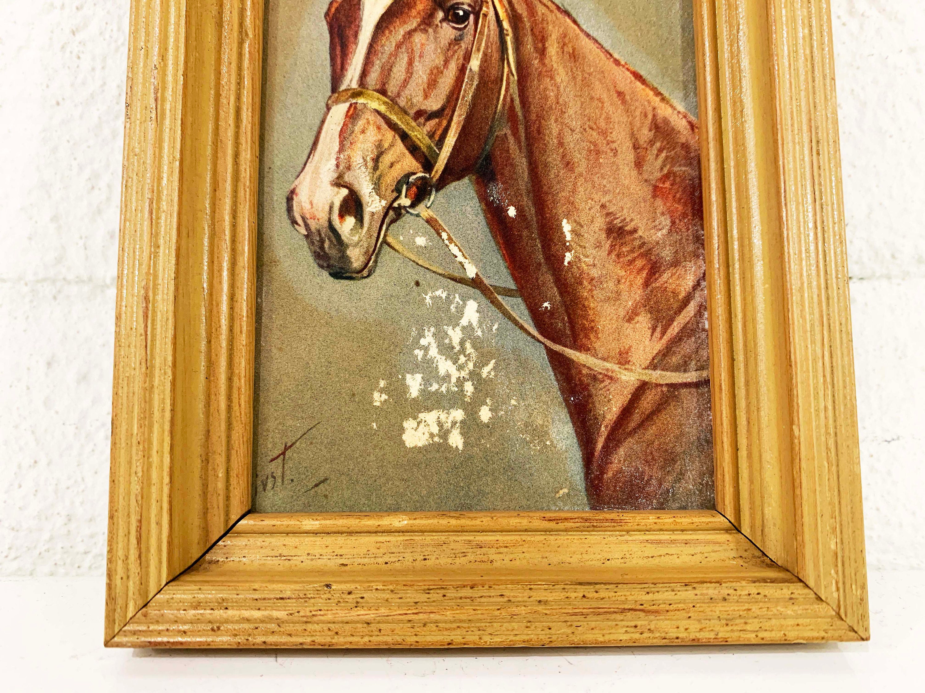 Vintage Framed Horse Print 3D Art Gray Green Brown Wood Frame Equestrian Decor Tiny Gallery Wall