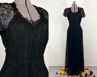Vintage Black Lace Gown Dress Morticia Addams Vampira Elvira New Year&#39;s Alternative Prom 1960s XS