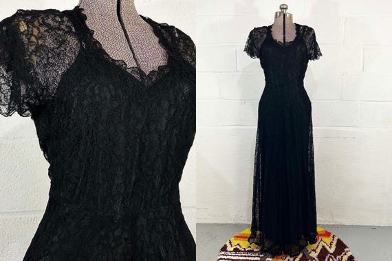 Vintage Black Lace Gown Dress Morticia Addams Short Sleeve Wedding Party Vampira Elvira New Year's Evening Hostess Prom Evening 1960s XS