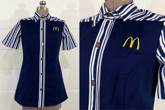 Vintage McDonald’s Uniform Shirt 1976 Crest 1970s Navy Blue White Fast Food Restaurant Dead Stock NOS Deadstock Size 6 Small
