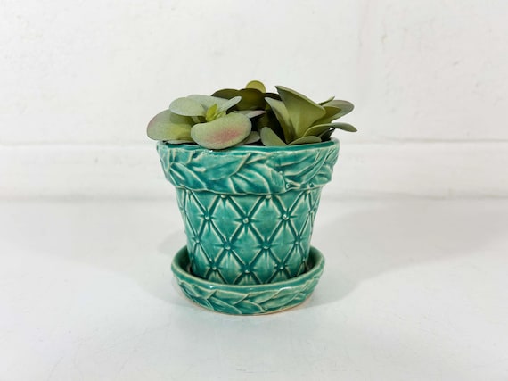 Vintage McCoy Quilted Pottery Planter, Aqua Blue Green, Attached Saucer