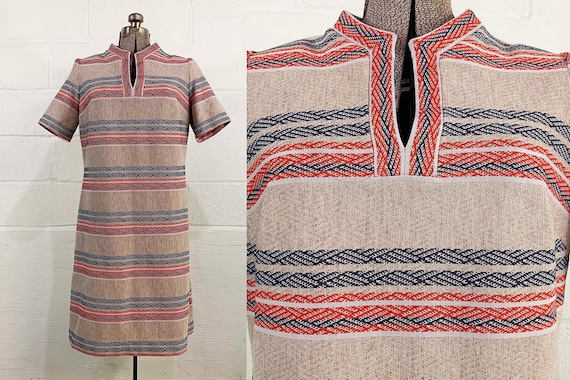 Vintage 60s Mod Dress Striped 1960s Navy Blue Tan Red Shift Short Sleeve Mod White Scooter Stripe 1970s 70s Plus Curvy Volup XL XXL