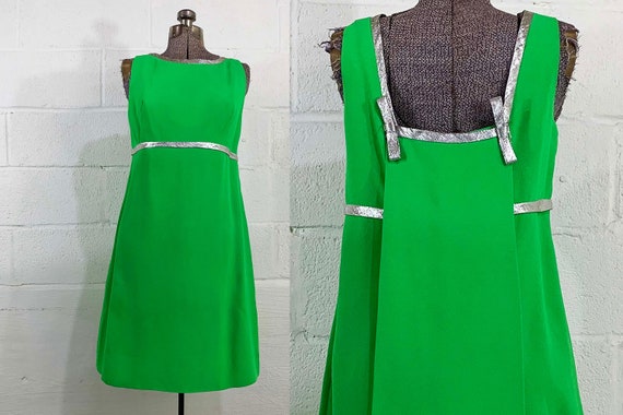 Vintage 60s Kelly Green Mod Dress Silver Bow Trim Mad Men Megan Draper Sleeveless Cocktail Party Prom Go-Go Girl Draped Cape 1960s Small