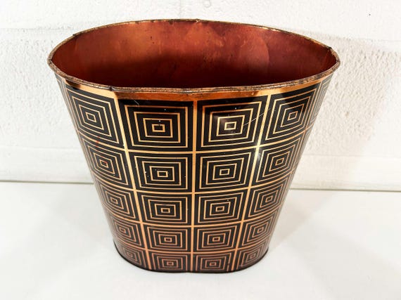 Vintage Copper Geometric Trash Can Black Metal Waste Basket 1950s Tin Litho Harvell Kilgore Paper Wastebasket Blue Red