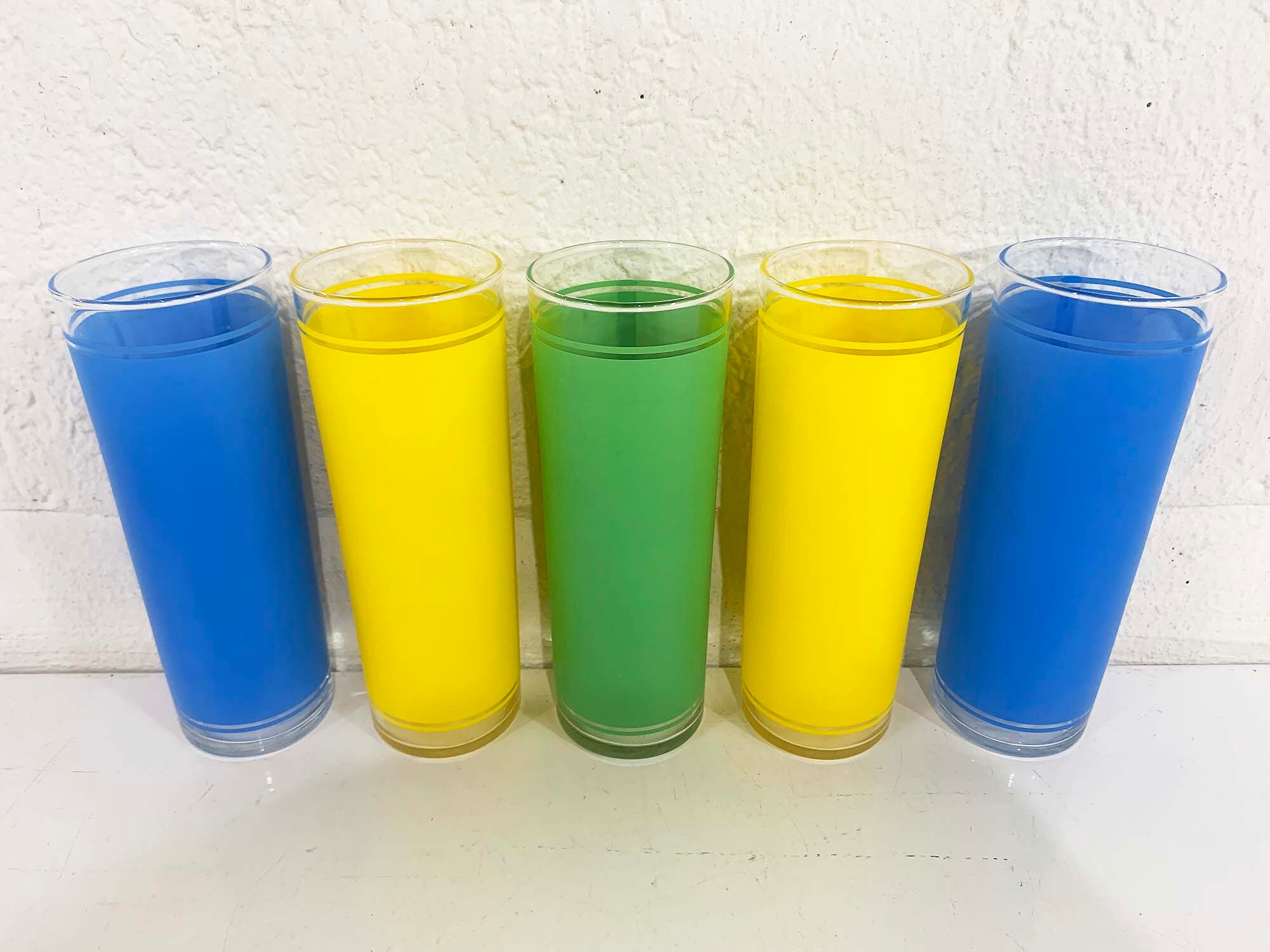 Vintage Federal Frosted Zombie Glasses Green Blue Yellow Set of 5